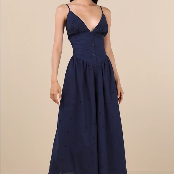 Lulus Zahrah Navy Eyelet Embroidered Button-front Midi Dress - Picture 1 of 5